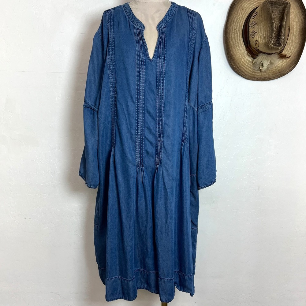 Cato Est 1946 Blue Tencel Denim Pintuck Tunic Shift Dress Pockets Boho - Picture 3 of 10